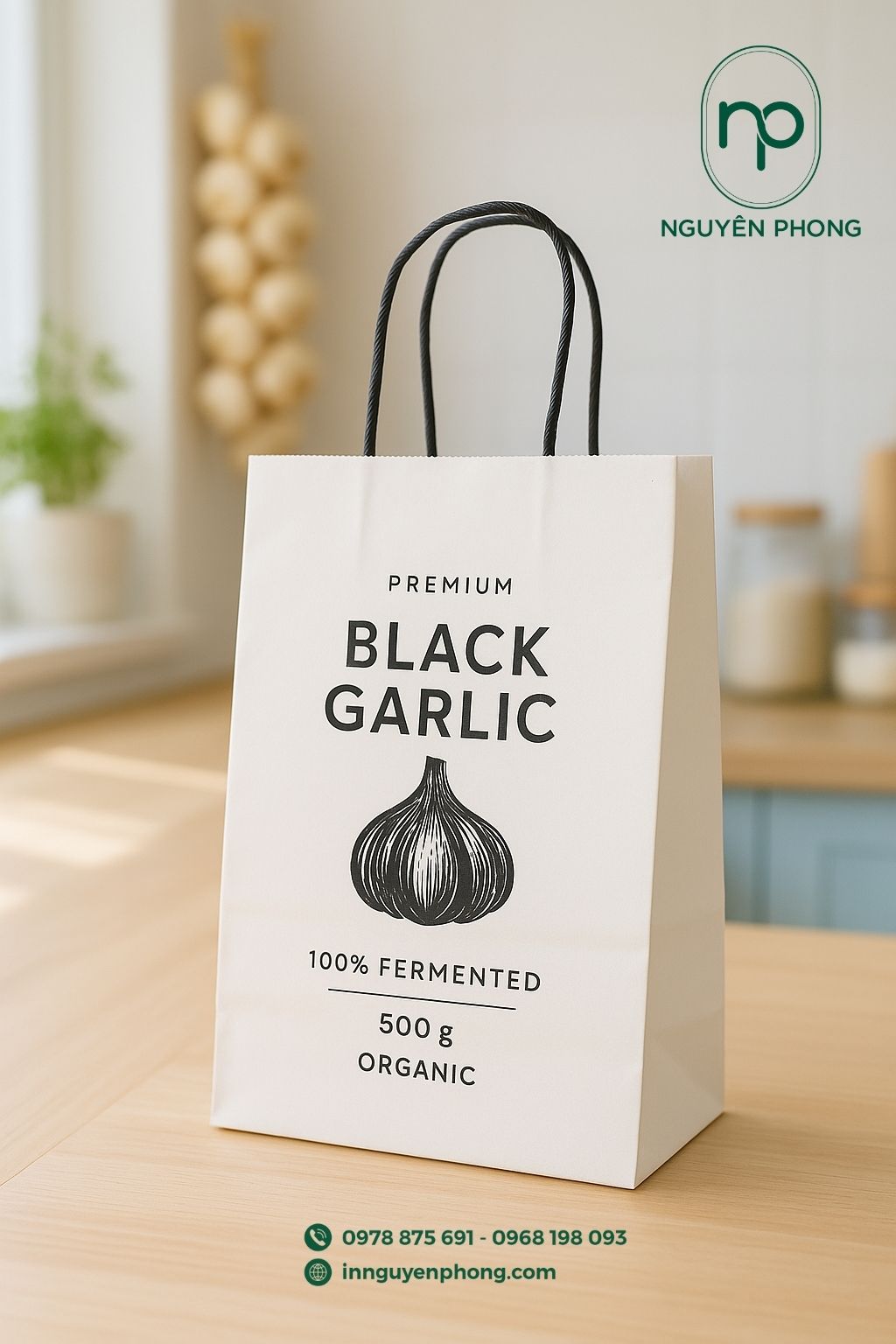 Mẫu túi giấy kraft trắng đựng tỏi đen